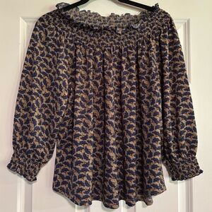 Melloday Knit Navy Print Off the Shoulder Top, size
